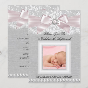 Pink Bow & Lace Foto Taufe/Christening Einladung