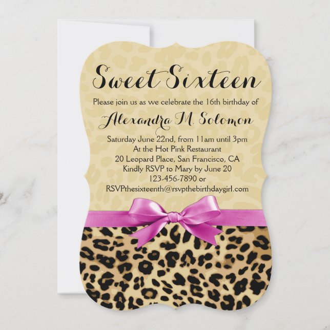 Pink Bow Leopard Sweet 16 Party Einladung (Vorderseite)