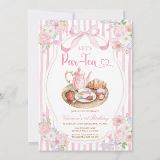 Pink Bow Let’s Par-tea Girl Birthday Stripe Floral Einladung
