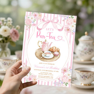 Pink Bow Let’s Par-tea Girl Birthday Stripe Floral Einladung