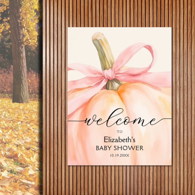 Pink Bow Little Pumpkin Baby Dusche Willkommen Poster (Girl baby shower pumpkin welcome poster, PRINTED and/or INSTANT DOWNLOAD, choose size when ordering)