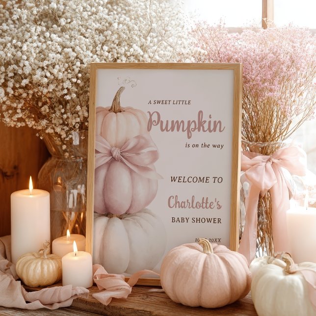 Pink Bow Little Pumpkin Girl Babydusche Willkommen Poster (Pink Bow Little Pumpkin Girl Baby Shower Welcome Poster)