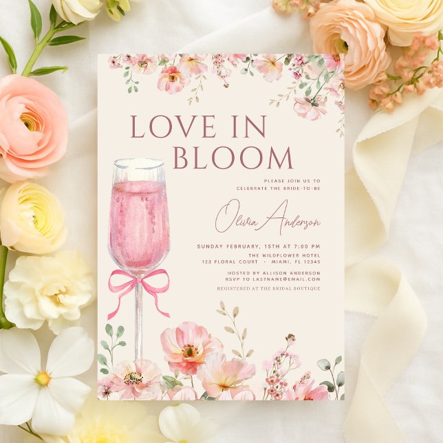 Pink Bow Love in Bloom Champagne Bridal Shower Einladung (Von Creator hochgeladen)