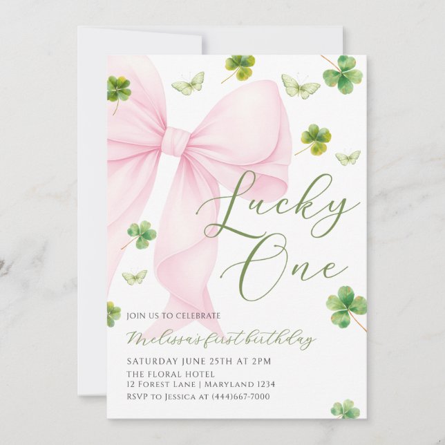 Pink Bow Lucky One Shamrock Clover 1st Birthday Einladung (Vorderseite)