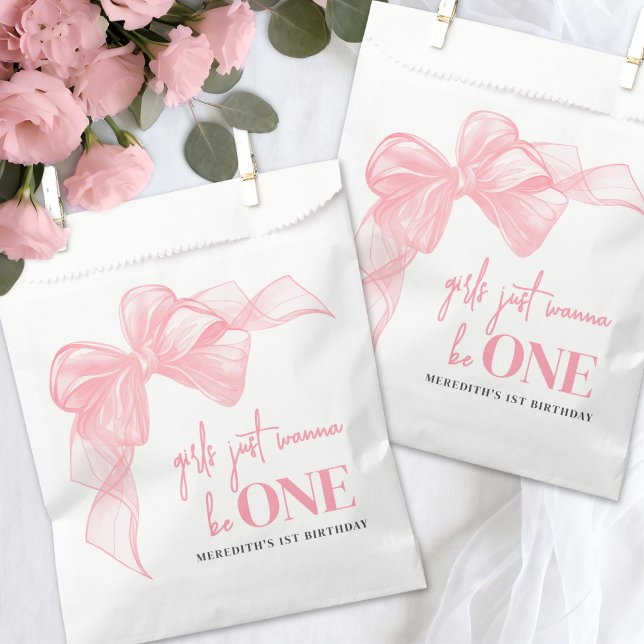 Pink Bow Mädchen 1. Geburtstag Geschenktütchen (Pink Bow Girls 1st Birthday Favor Bag)
