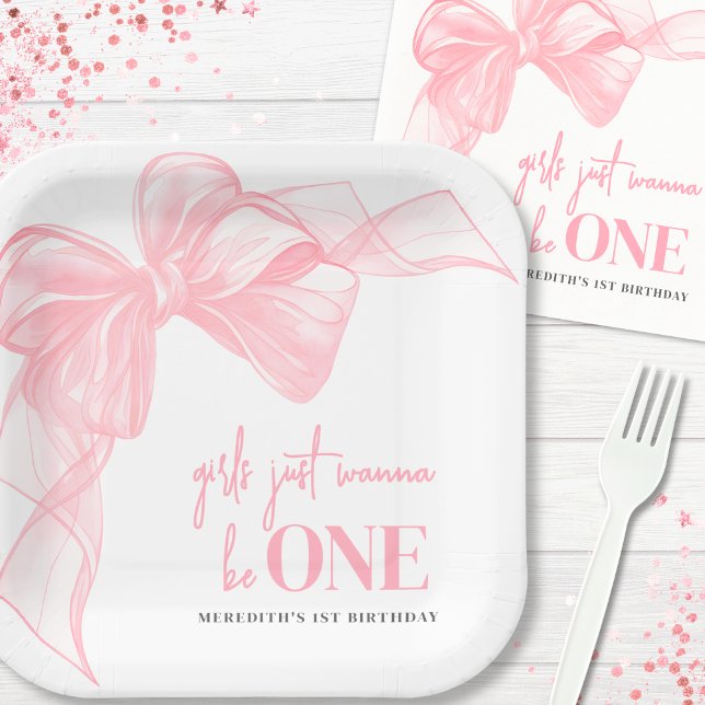Pink Bow Mädchen 1. Geburtstag Pappteller (Pink Bow Girls 1st Birthday Paper Plates)
