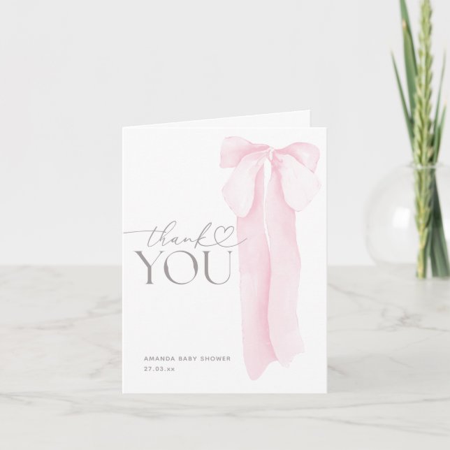 Pink Bow Minimalistisch Girl Baby Dusche Dankeskarte (Vorderseite)