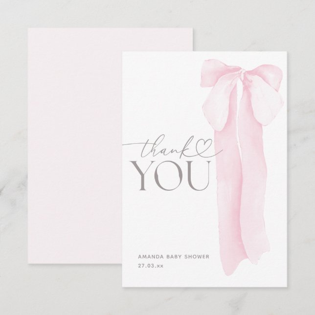 Pink Bow Minimalistisch Girl Baby Dusche Dankeskarte (Vorne/Hinten)