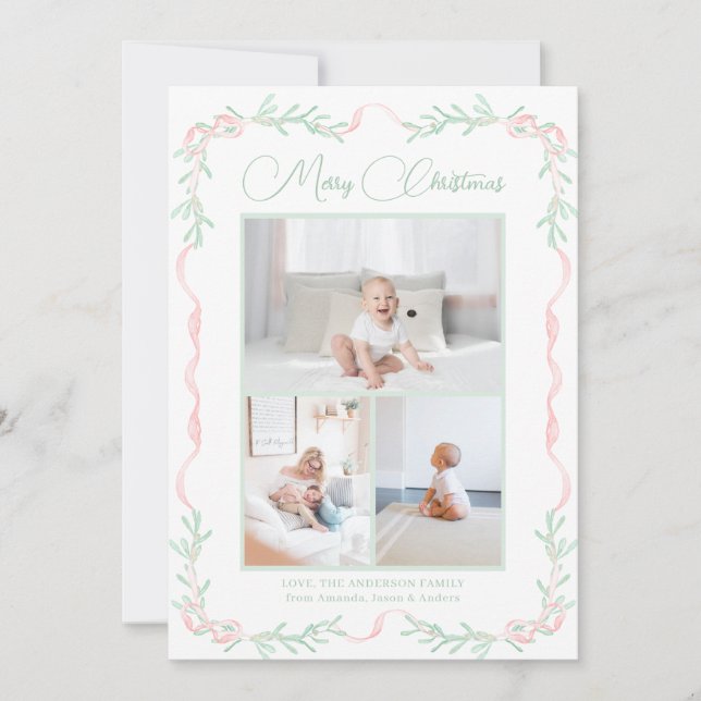 Pink Bow Mistletoe Grüne Weihnachten Drei Fotos (Vorderseite)