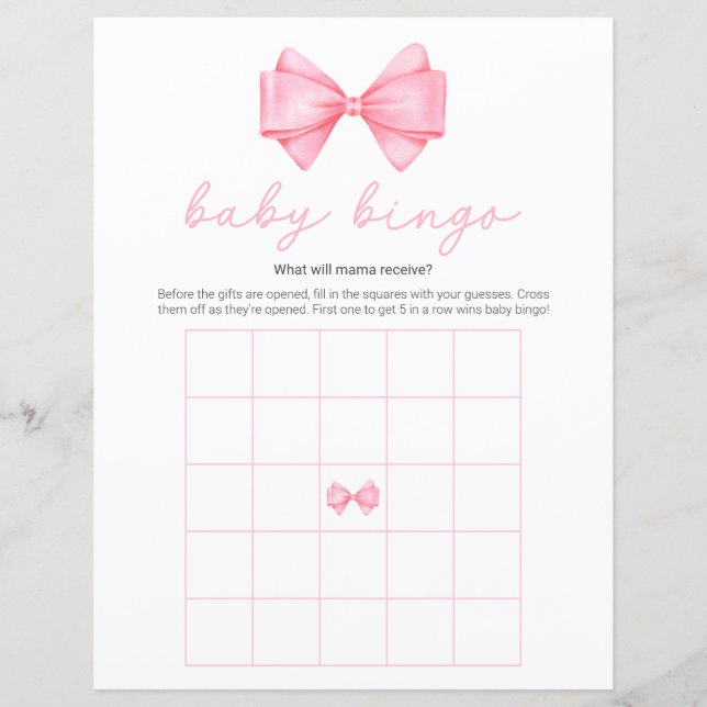 Pink Bow Modern Baby Dusche Bingo Spiel (Vorderseite)