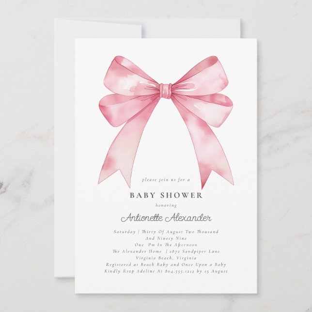 Pink Bow Modern Coquette Girl Babydusche Einladung (Vorderseite)