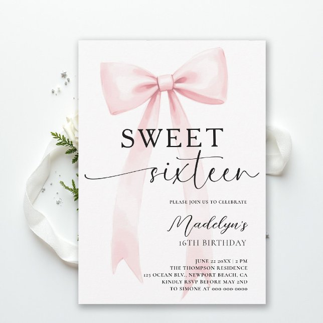 Pink Bow Modern Elegant Simple Chic Sweet 16 Einladung (sweet sixteen birthday party invitation pink bold bow simple classy script trendy fashion teen)