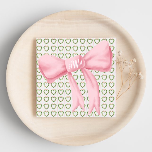 Pink Bow Monogram Herz Wreath Napkin Serviette (Von Creator hochgeladen)