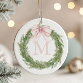 Pink Bow Monogram Wreath Christmas Keramik Ornament