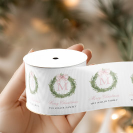 Pink Bow Monogram Wreath Christmas Ripsband