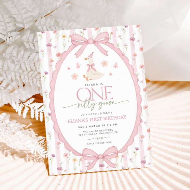 Pink Bow One Silly Goose Floral 1st Birthday Einladung (Von Creator hochgeladen)