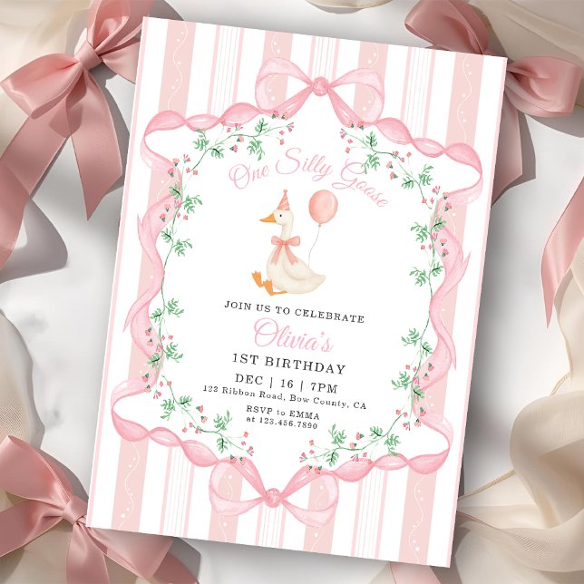 Pink Bow One Silly Goose Floral Girl 1st Birthday Einladung (Von Creator hochgeladen)