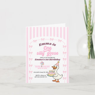 Pink Bow One Silly Goose Girl 1st Birthday Party  Einladung