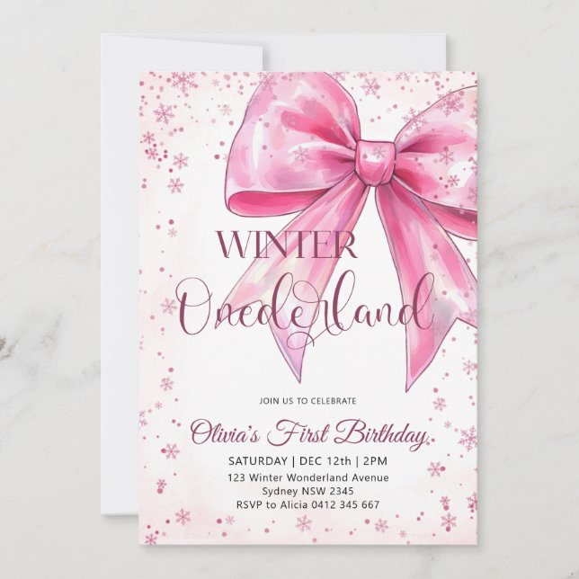 Pink Bow Onederland Christmas Birthday Party Einladung (Vorderseite)