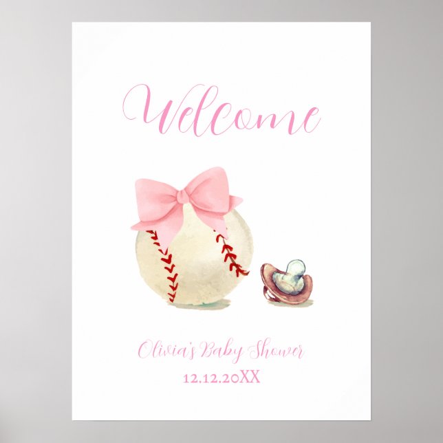 Pink Bow Pacifier Baseball Baby Shower Welcome Poster (Vorne)