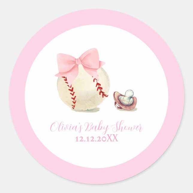 Pink Bow Pacifier Baseball Sport Girl Baby Shower Runder Aufkleber (Vorderseite)