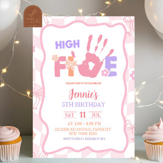 Pink Bow Pastel Retro High Five Party Birthday Einladung