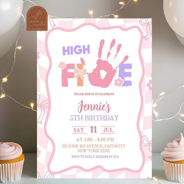 Pink Bow Pastel Retro High Five Party Birthday Einladung (Von Creator hochgeladen)