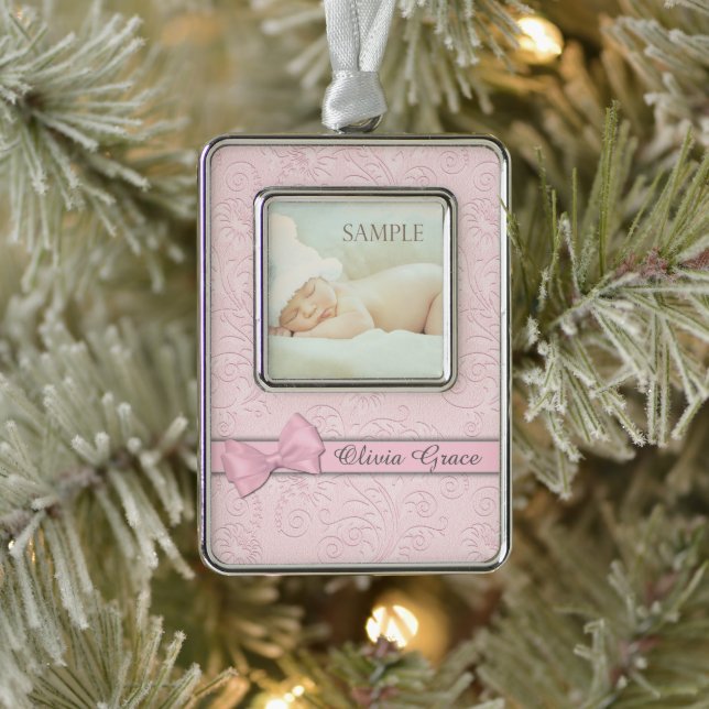 Pink Bow Pastell Baby Erstes Weihnachtsfest Rahmen-Ornament Silber (Baum)