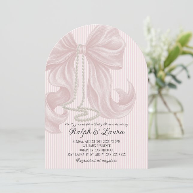 Pink Bow Pearl Girl Baby Shower Einladung (Stehend Vorderseite)