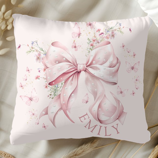 Pink Bow Pearls Coquette Girly Kissen (Elegant Pink Bow Pearls and Floral Girly Pillow)