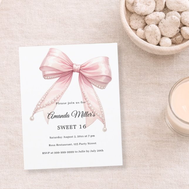 Pink bow pearls elegant Sweet 16 invitation (Von Creator hochgeladen)