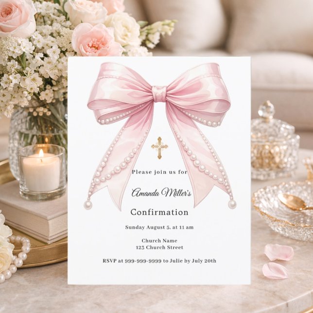 Pink bow pearls girl Confirmation invitation (Von Creator hochgeladen)