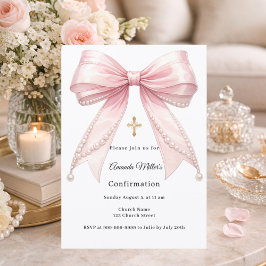Pink bow pearls girl elegant Confirmation Einladung