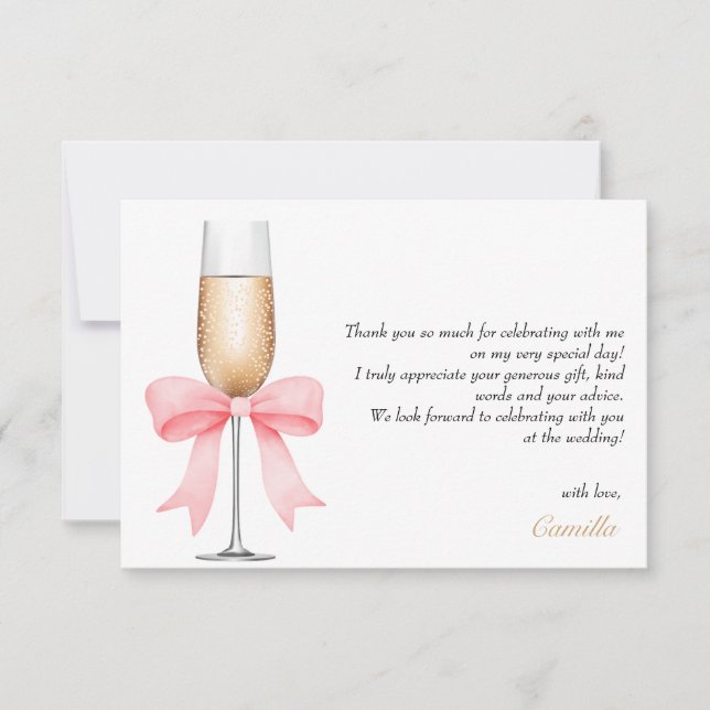 Pink Bow Pearls & Prosecco Brautparty Vielen Dank Dankeskarte (Vorderseite)