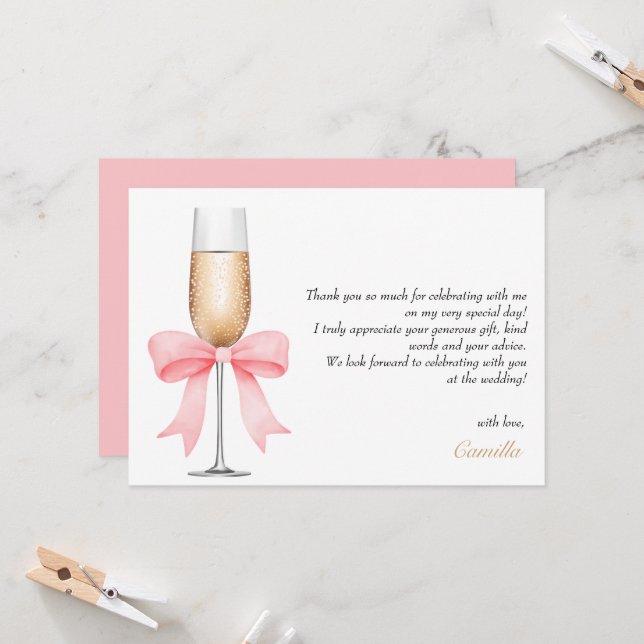 Pink Bow Pearls & Prosecco Brautparty Vielen Dank Einladung (Vorderseite/Rückseite Beispiel)