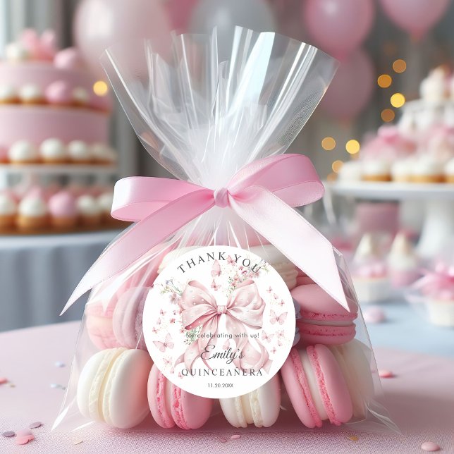 Pink Bow Pearls Quinceañera Vielen Dank für Ihren  Runder Aufkleber (Elegant Pink Bow Pearls Quinceañera Thank you Stickers)