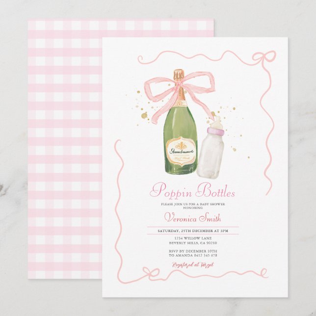 Pink Bow Poppin Flaschen Paare Babydusche Einladung (Vorne/Hinten)