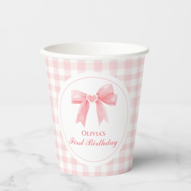 Pink Bow Preppy Coquette 1. Geburtstag Pappbecher (Vorderseite)
