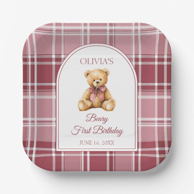 Pink Bow Preppy Teddy Bear 1st Birthday Pappteller (Vorderseite)