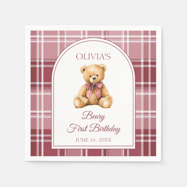 Pink Bow Preppy Teddy Bear 1st Birthday Serviette (Vorderseite)