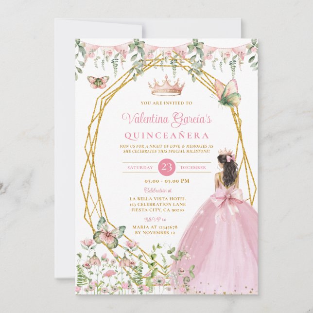 Pink Bow Princess Quinceañera Butterfly Garden Einladung (Vorderseite)