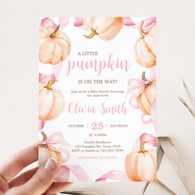 Pink Bow Pumpkin Baby Shower Einladung (Pink Bow Pumpkin Baby Shower Invitation)