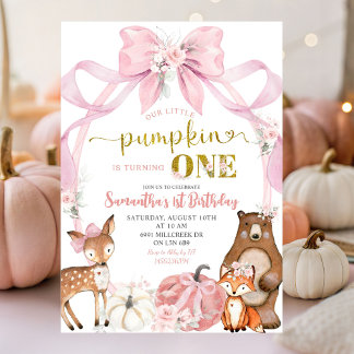 Pink Bow Pumpkin Woodland Tiere ersten Geburtstag Einladung