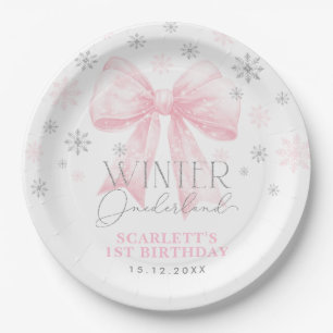 Pink Bow Ribbon Silver Winter Onederland Geburtsta Pappteller