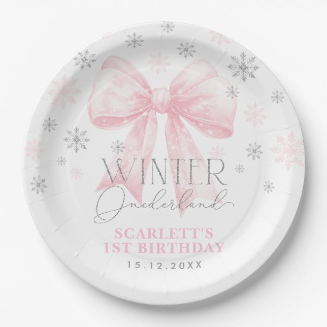 Pink Bow Ribbon Silver Winter Onederland Geburtsta Pappteller (Vorderseite)