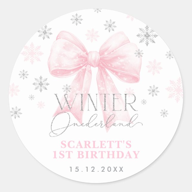 Pink Bow Ribbon Silver Winter Onederland Geburtsta Runder Aufkleber (Vorderseite)