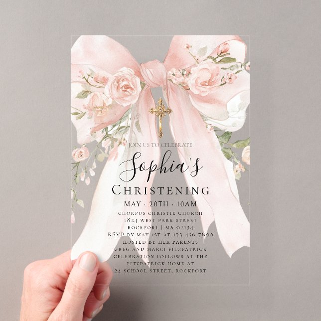 Pink Bow Rose Floral Girl Christening Acryleinladungen (Insitu (Handheld))