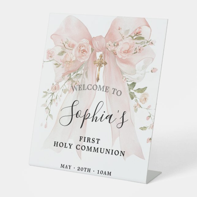 Pink Bow Rose Floral Girl First Communion Sockelschild (Vorderseite)