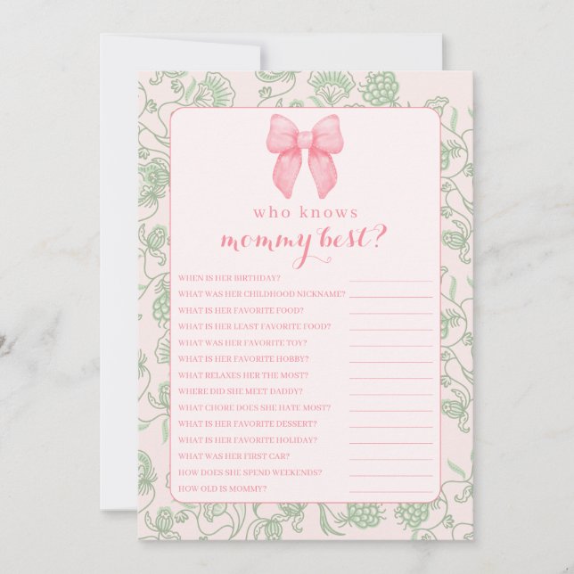 Pink Bow Sage Green Baby Girl Duschgame Einladung (Vorderseite)