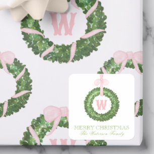 Pink Bow Sash Weihnachtscreme Wraath Umrandung Quadratischer Aufkleber